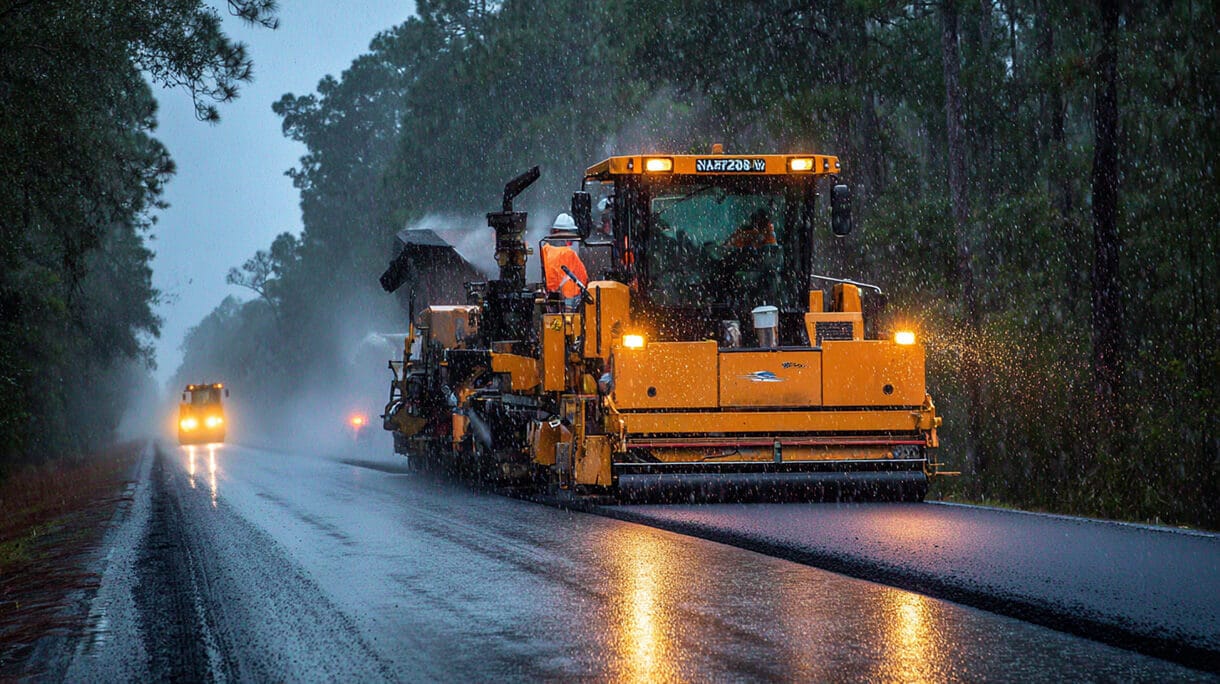 Pouring hot asphalt in the rain